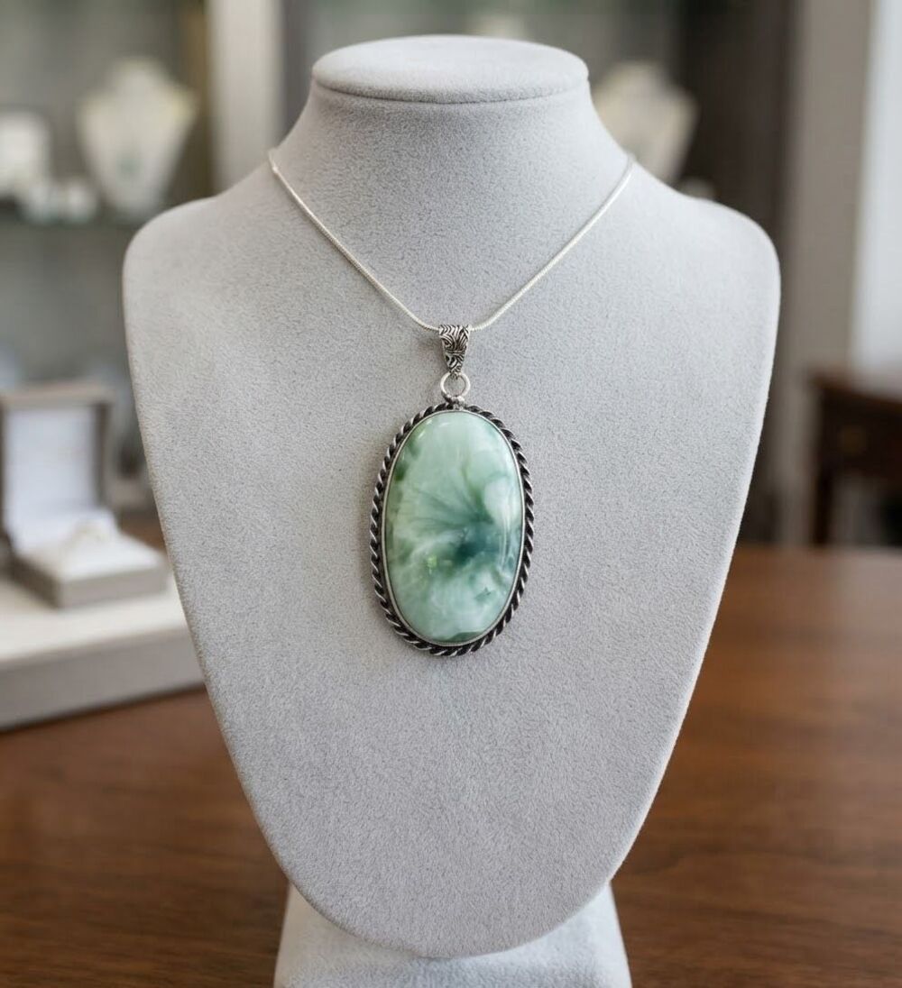 Unique Green Hemimorphite Larimar Pendant Oval Gemstone Silver Necklace Boho